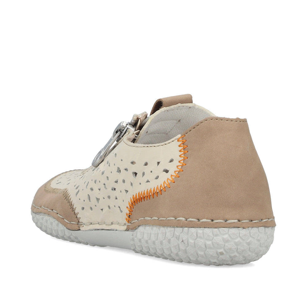 Mocassins Rieker beiges pour femme 43665-64 en cuir lisse. Chaussure vue de l'arrière.