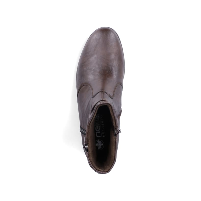 Dunkelbraune Rieker Damen Stiefeletten 77041-26 mit Zierelement. Schuh von oben.