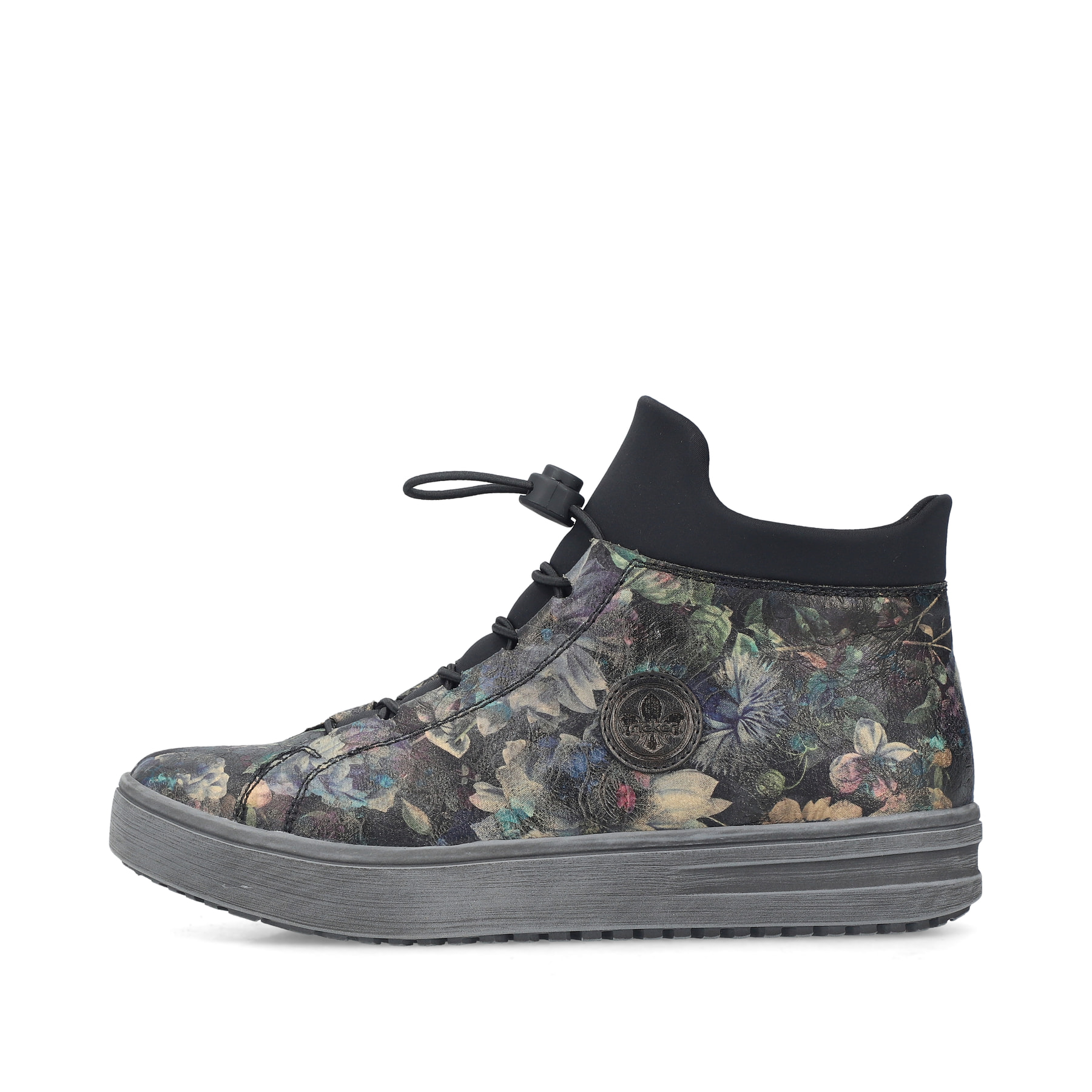 Graue Rieker Damen Kurzstiefel L2550-90 mit floralem Aufdruck. Schuh Außenseite.