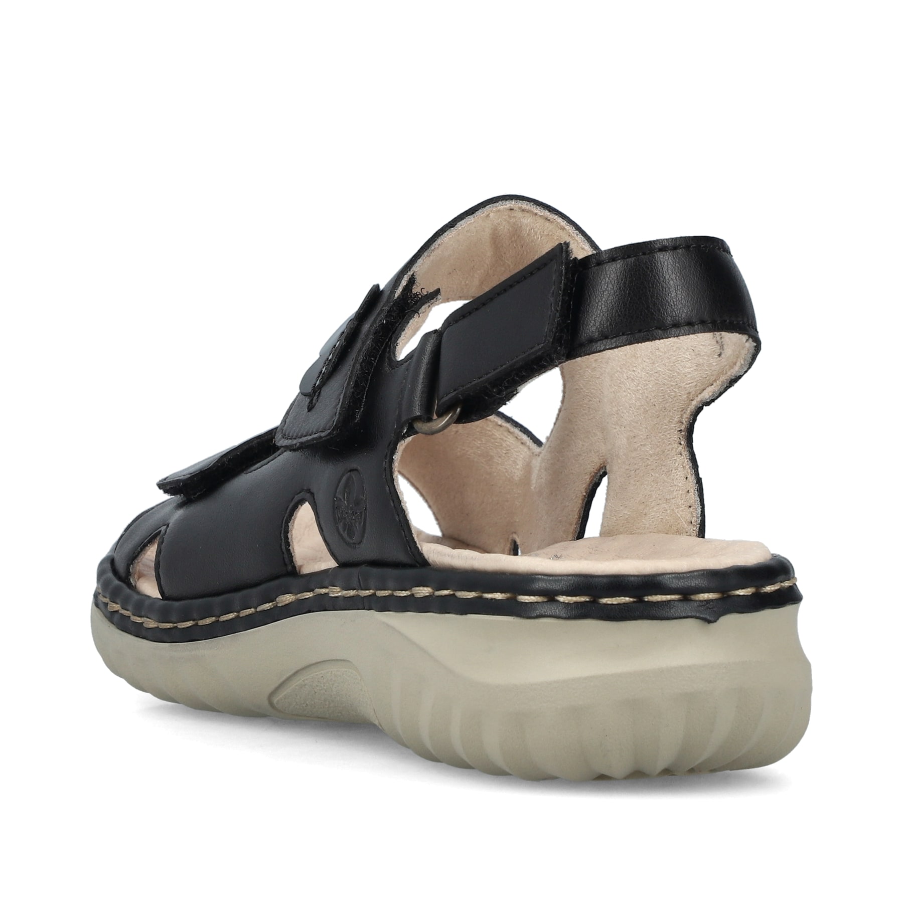 Schwarze Rieker Damen Riemchensandalen 60462-00 mit einem Klettverschluss. Schuh von hinten.
