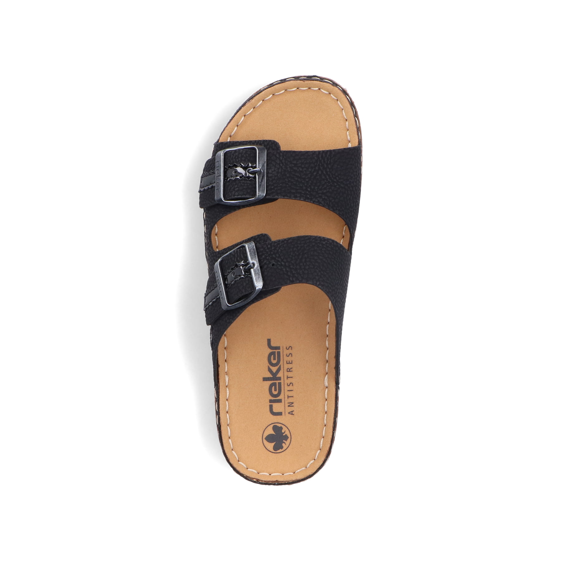 Schwarze Rieker Damen Pantoletten V8751-00 mit Schnallen sowie leichter Sohle. Schuh von oben.