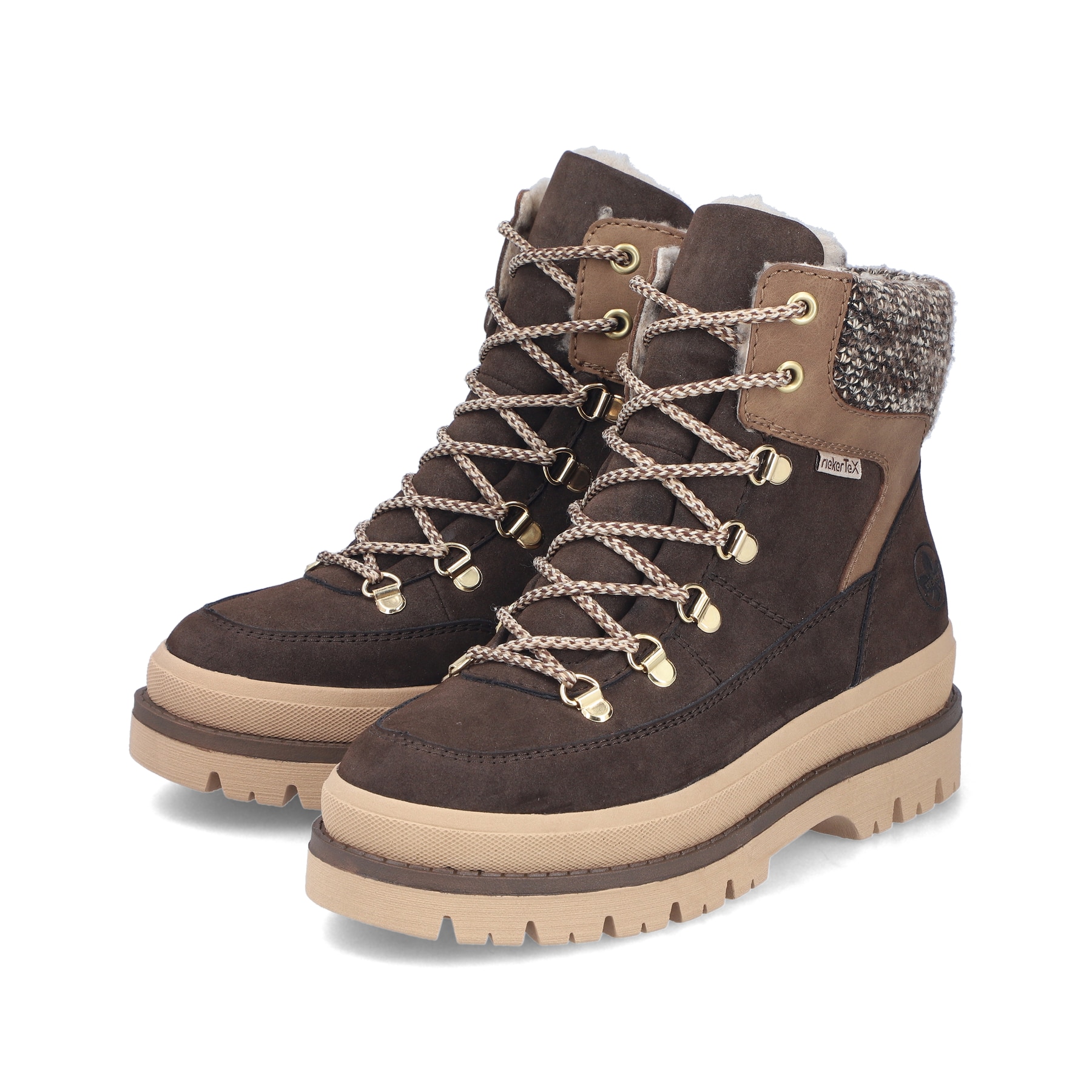 Dunkelbraun-beige Rieker Damen Schnürstiefel Y6210-25 mit Strick-Kragen. Schuhpaar seitlich schräg.