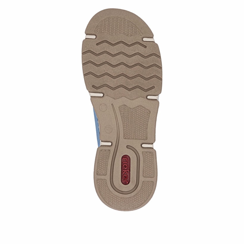 Blaue Rieker Damen Slipper 45973-14 mit Deko-Reißverschluss sowie einem Gummizug. Schuh Laufsohle.