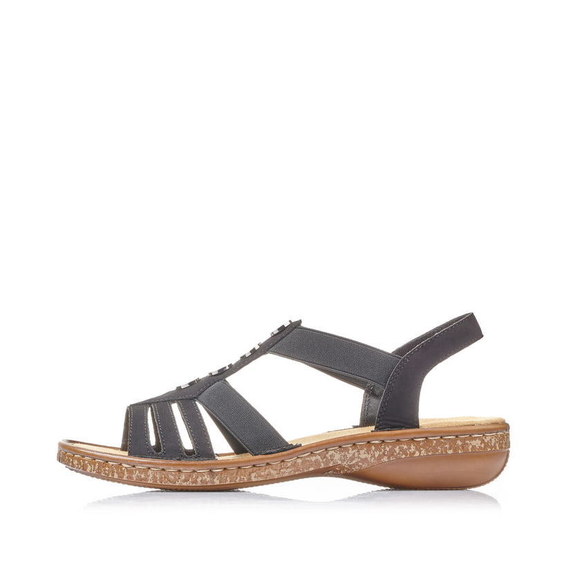 Schwarze Rieker Damen Riemchensandalen 62831-00 mit einem Elastikeinsatz. Schuh Außenseite.