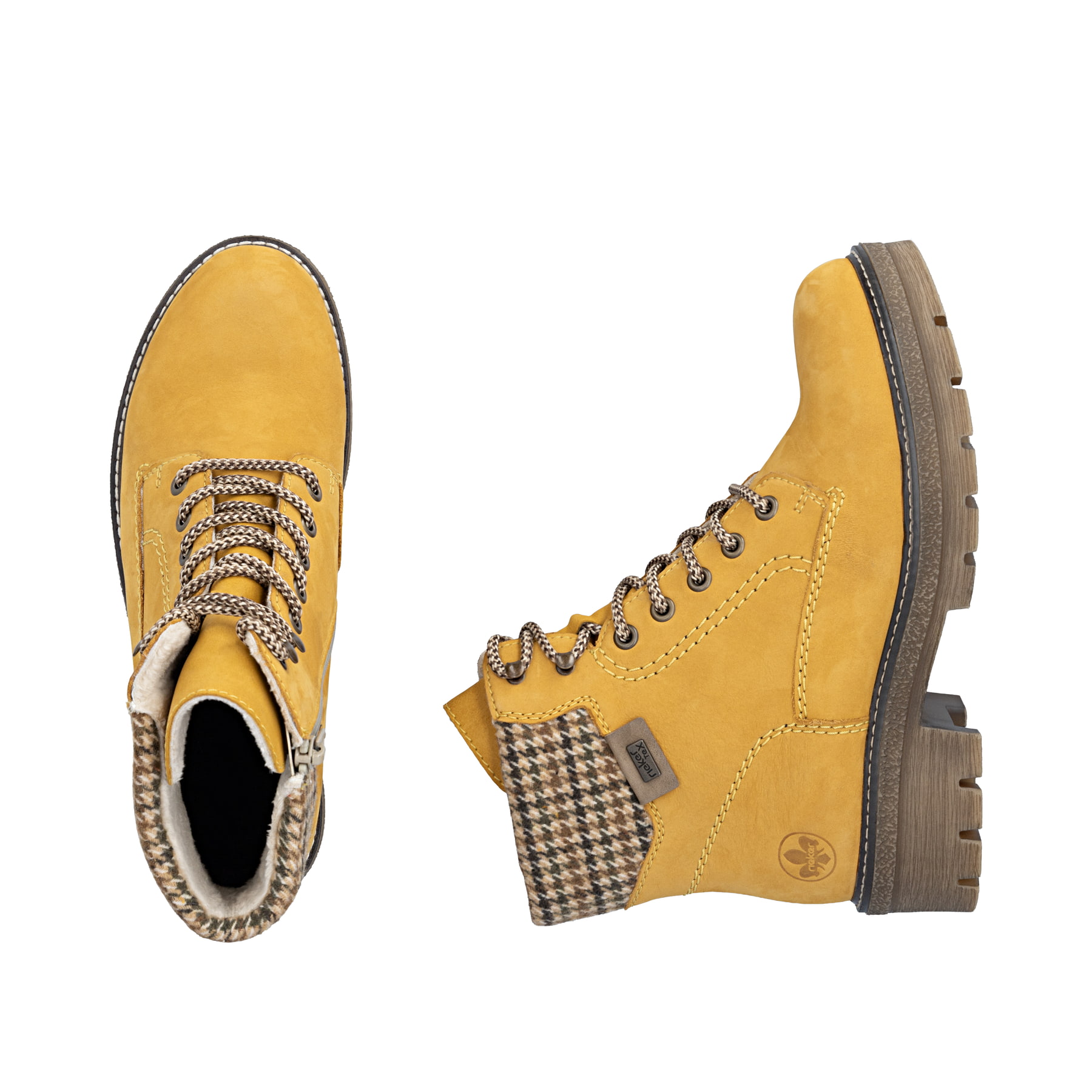 Ockerfarbene Rieker Damen Schnürstiefel Y8130-68 aus Rauleder. Schuh von oben, liegend.