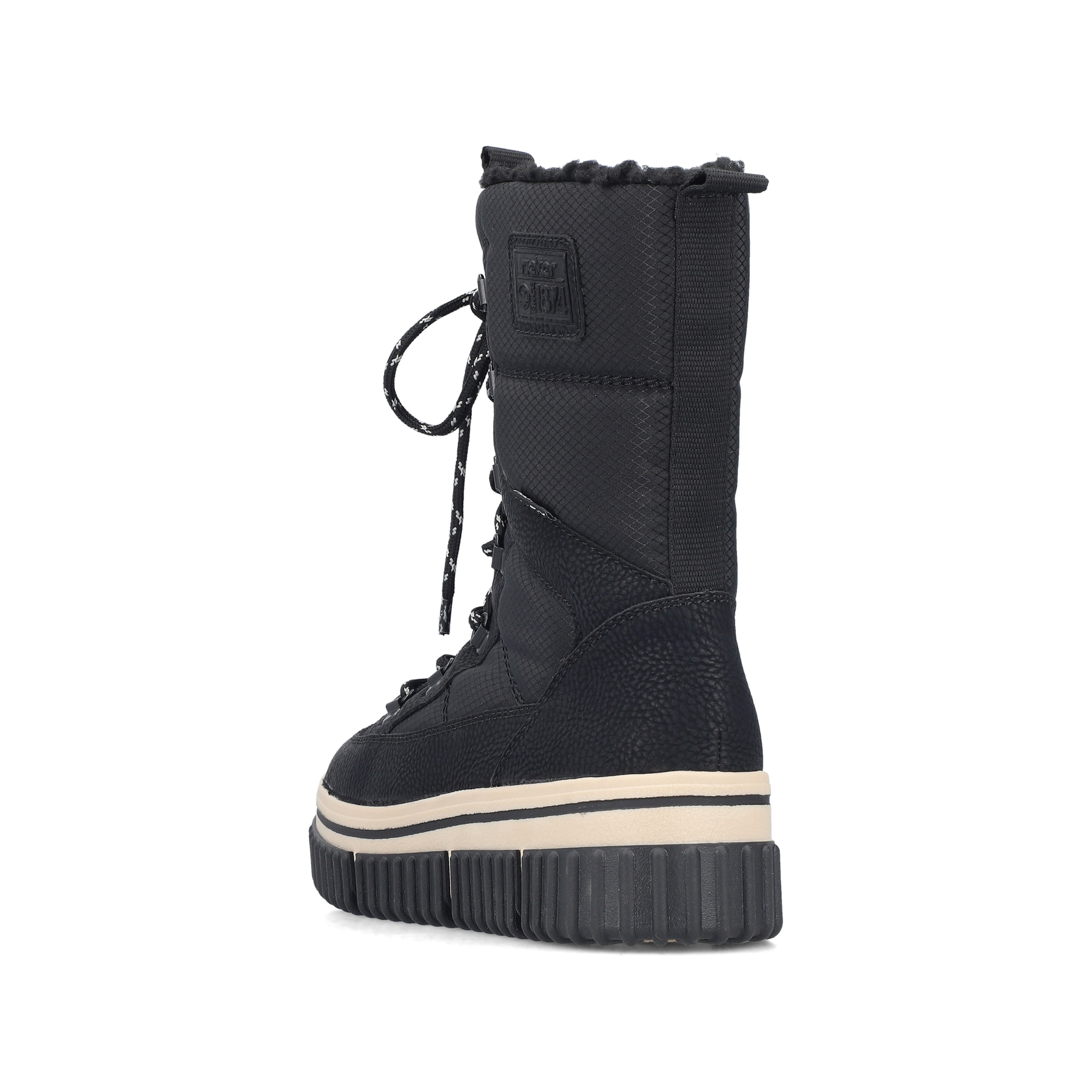 Vegane, schwarze Rieker Damen Kurzstiefel Y6380-00 mit einem Reißverschluss. Schuh von hinten.