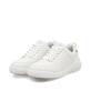 Weiße Rieker Damen Sneaker Low W1101-80 mit Schnürung sowie flexibler Sohle. Schuhpaar seitlich schräg.