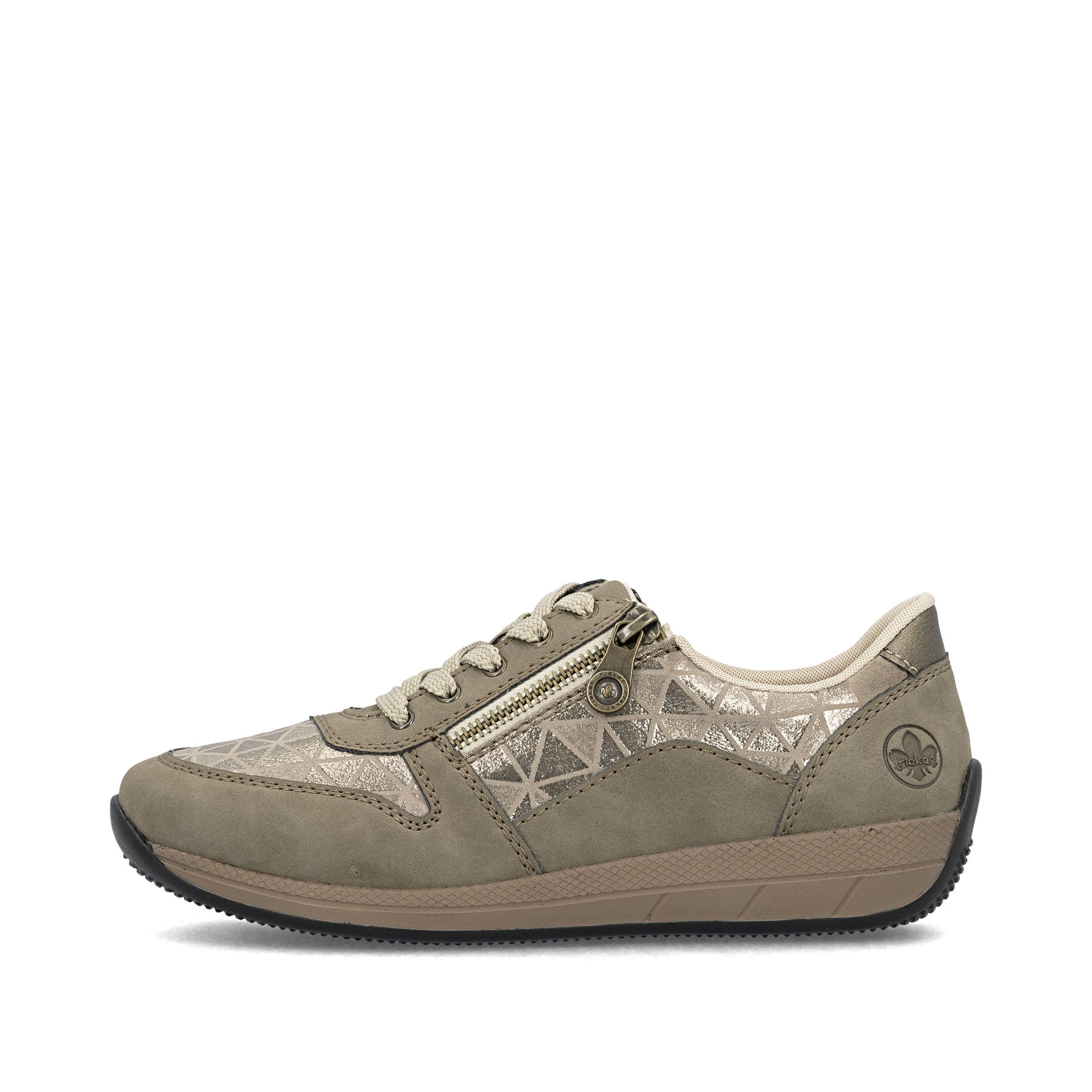 Beige Rieker Damen Sneaker Low N1100-62 mit Reißverschluss sowie Extraweite H. Schuh Außenseite.