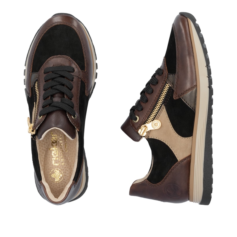 Braune Rieker Damen Sneaker Low 49010-25 aus Rauleder. Schuh von oben, liegend.