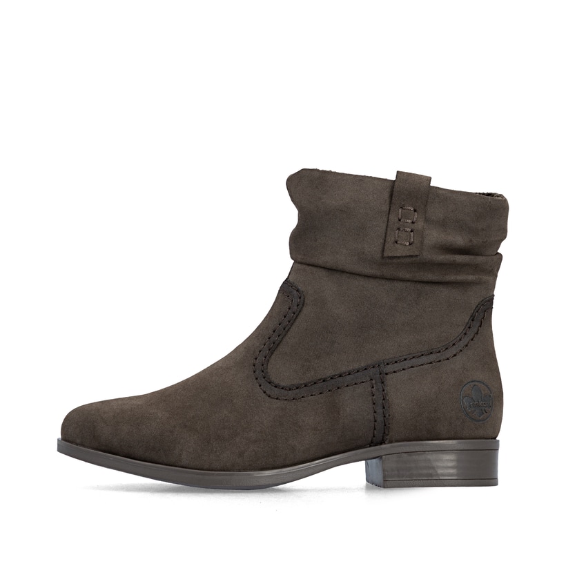 Dunkelbraune Rieker Damen Kurzstiefel 77042-25 mit einem Reißverschluss. Schuh Außenseite.