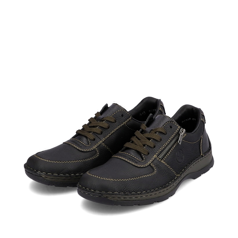 Asphaltschwarze Rieker Herren Schnürschuhe 05330-00 mit Schnürung und Reißverschluss. Schuhpaar schräg.
