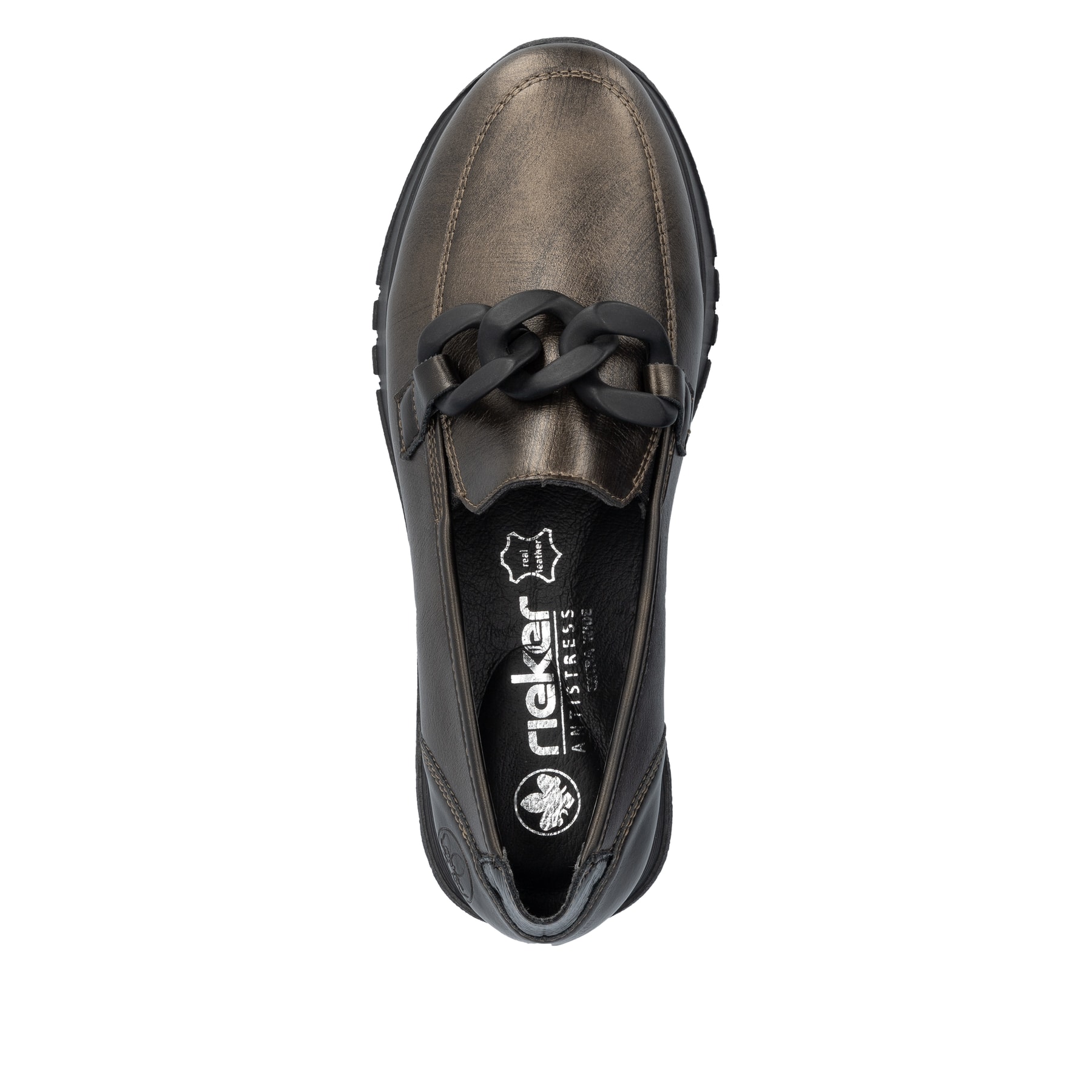 Mocassins Rieker marron pour femme 49051-25 en cuir lisse. Semelle extérieure de la chaussure.