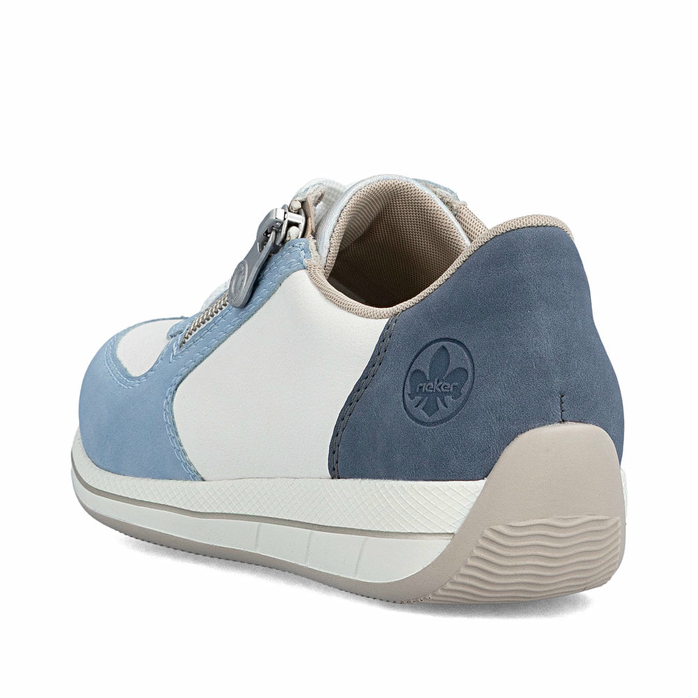 Baskets basses Rieker bleues pour femme N1112-10 avec fermeture éclair. Chaussure vue de l'arrière.