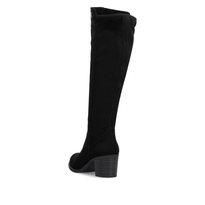 Schwarze Rieker Damen Hochschaftstiefel Y2050-01 mit einem Reißverschluss. Schuh von hinten.