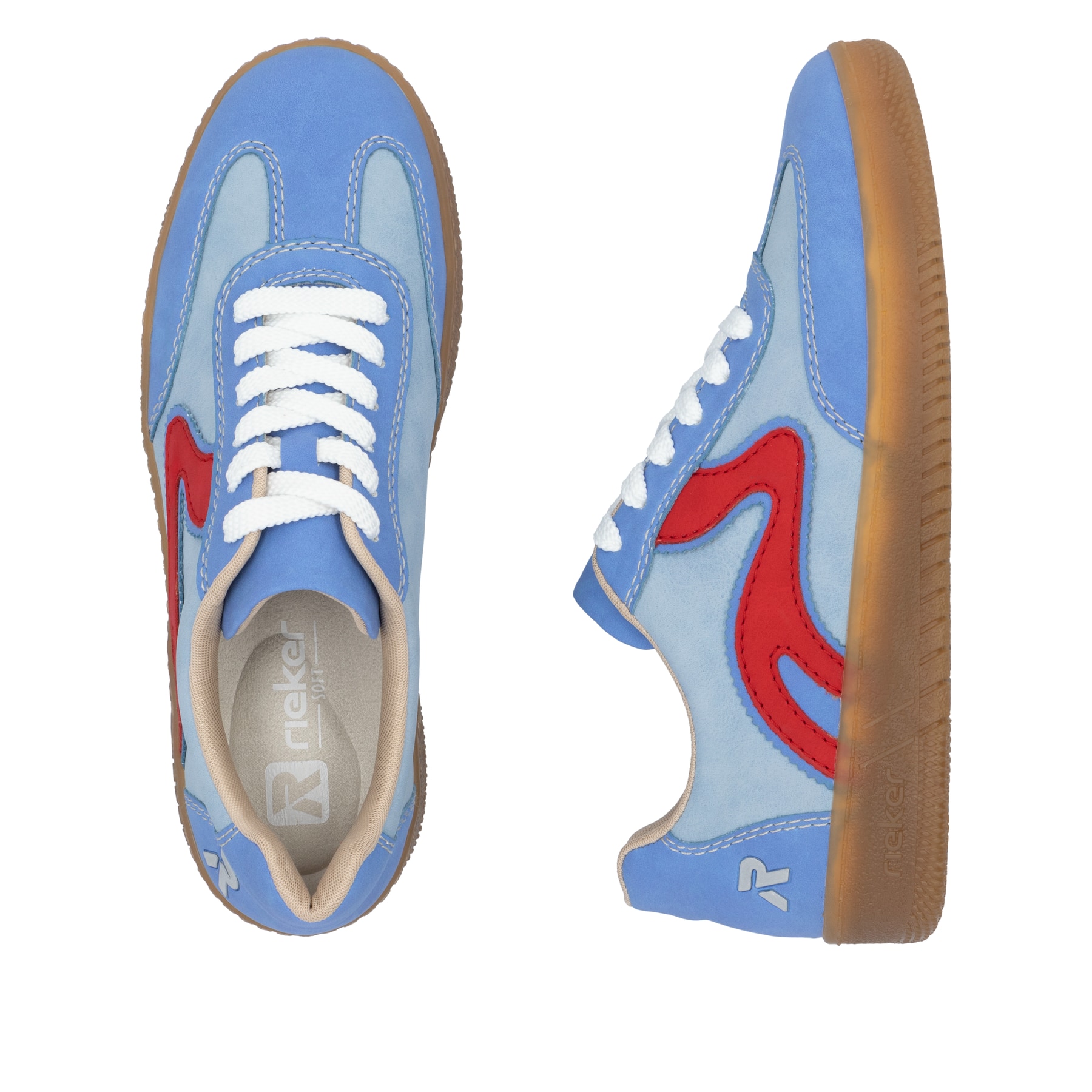 Blaue vegane Rieker Damen Sneaker Low M5512-10 mit einer Schnürung. Schuh von oben, liegend.