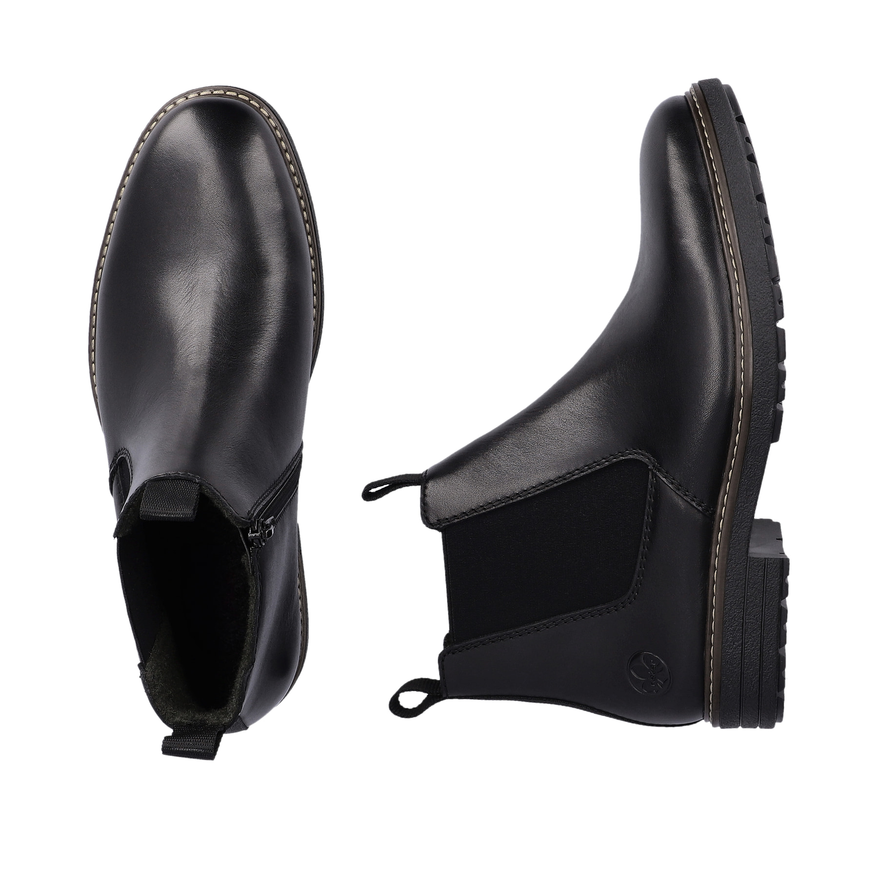 Schwarze Rieker Herren Chelsea Boots 33180-00 aus Glattleder mit Reißverschluss. Schuh von oben, liegend.