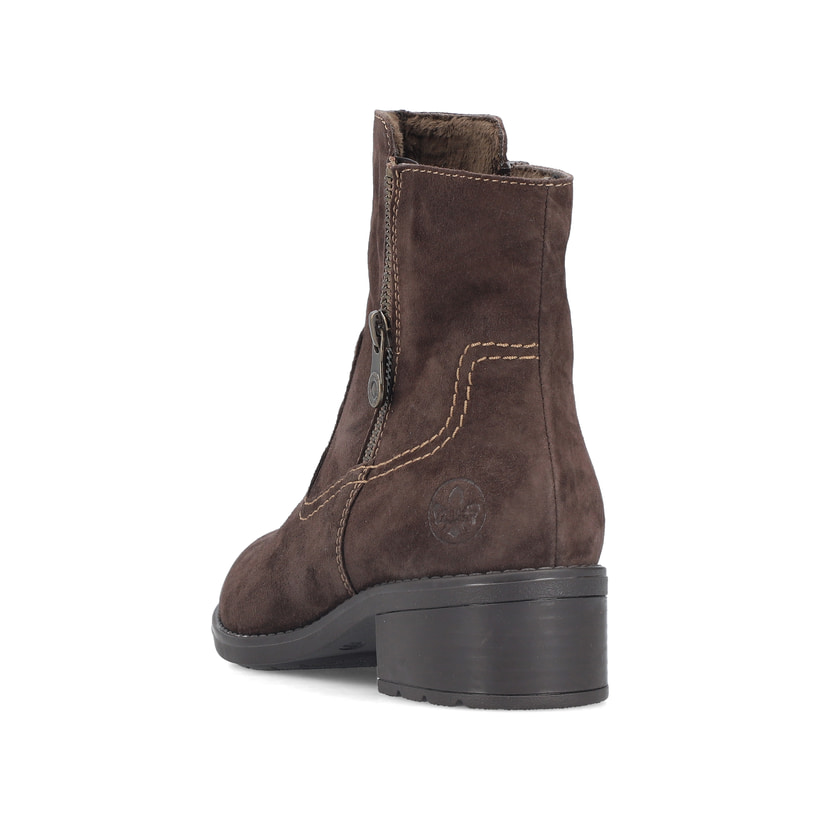 Dunkelbraune Rieker Damen Kurzstiefel 75460-24 aus Rauleder mit Reißverschluss. Schuh von hinten.