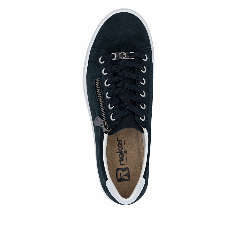 Baskets basses Rieker bleues pour femme L59L1-15 en cuir velours. Chaussure vue de dessus.