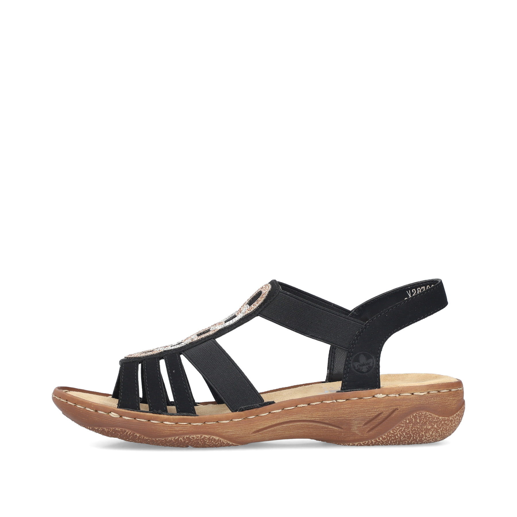 Schwarze Rieker Damen Riemchensandalen V2870-00 mit einem Gummizug. Schuh Außenseite.