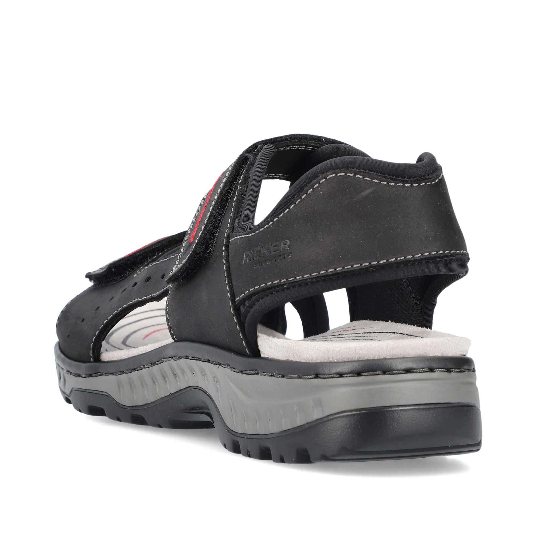 Schwarze Rieker Herren Trekkingsandalen 21760-00 mit einem Klettverschluss. Schuh von hinten.
