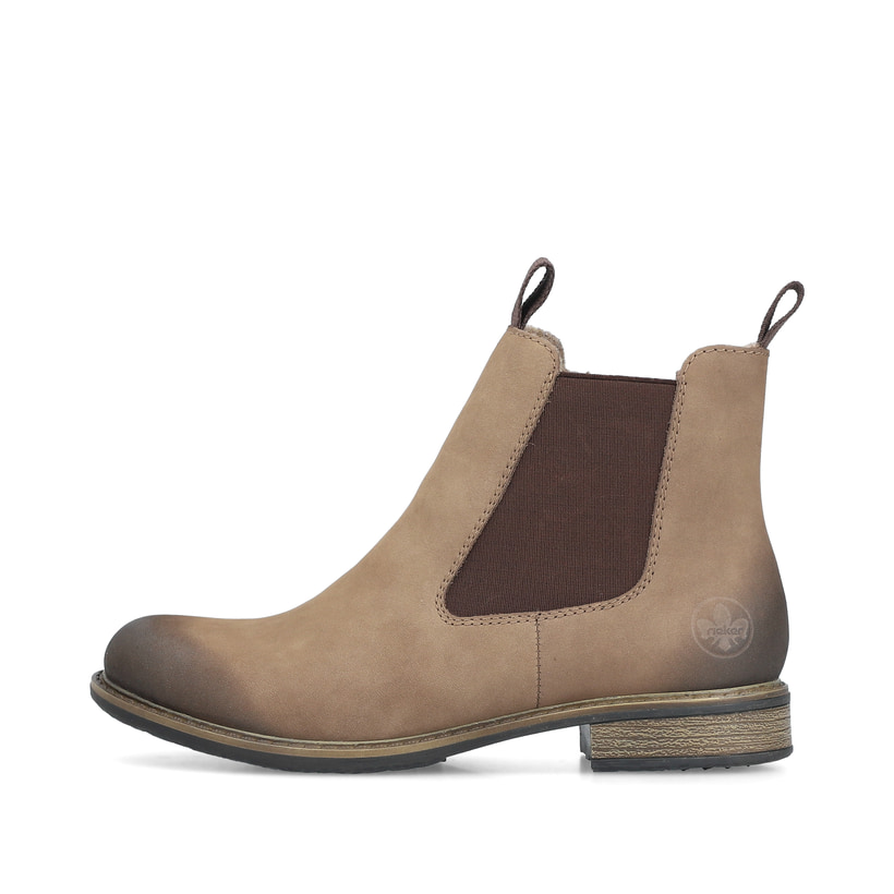 Braune Rieker Damen Chelsea Boots 74878-25 aus Glattleder mit Reißverschluss. Schuh Außenseite.
