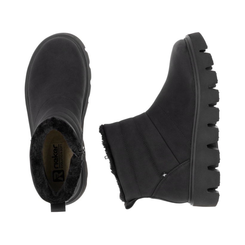 Schwarze Rieker Damen Kurzstiefel W2070-00 aus Glattleder mit Reißverschluss. Schuh von oben, liegend.