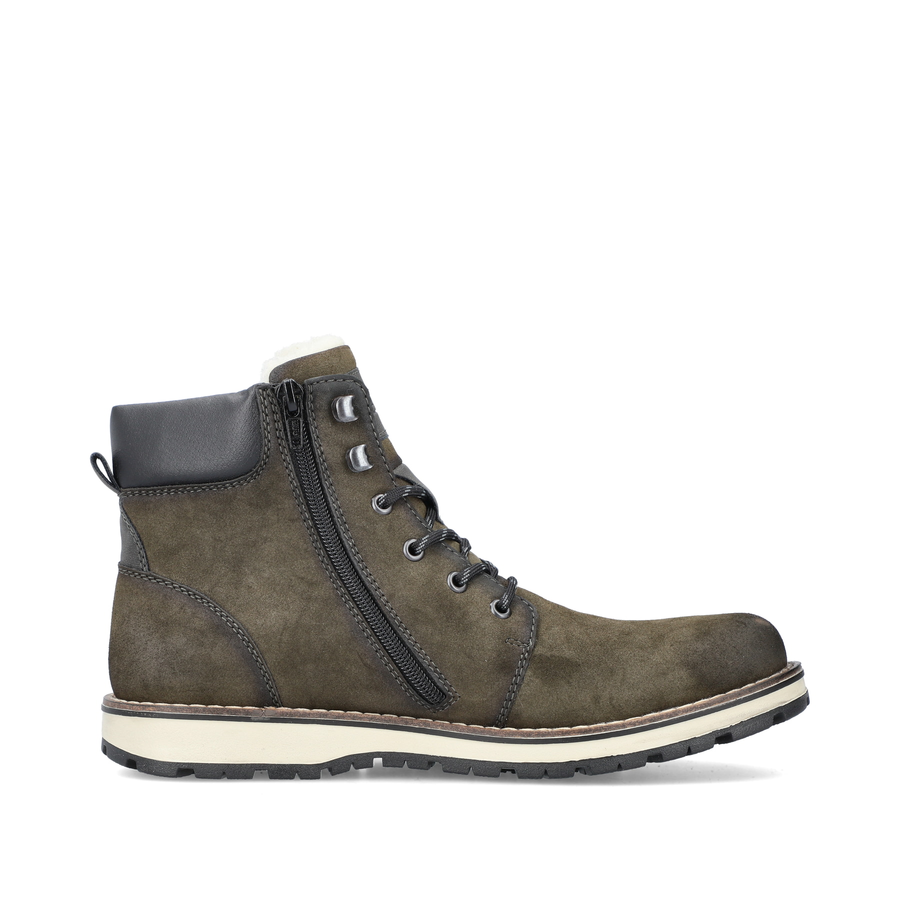 Olivgrüne Rieker Herren Schnürstiefel 38425-54 mit Schnürung und Reißverschluss. Schuh Innenseite