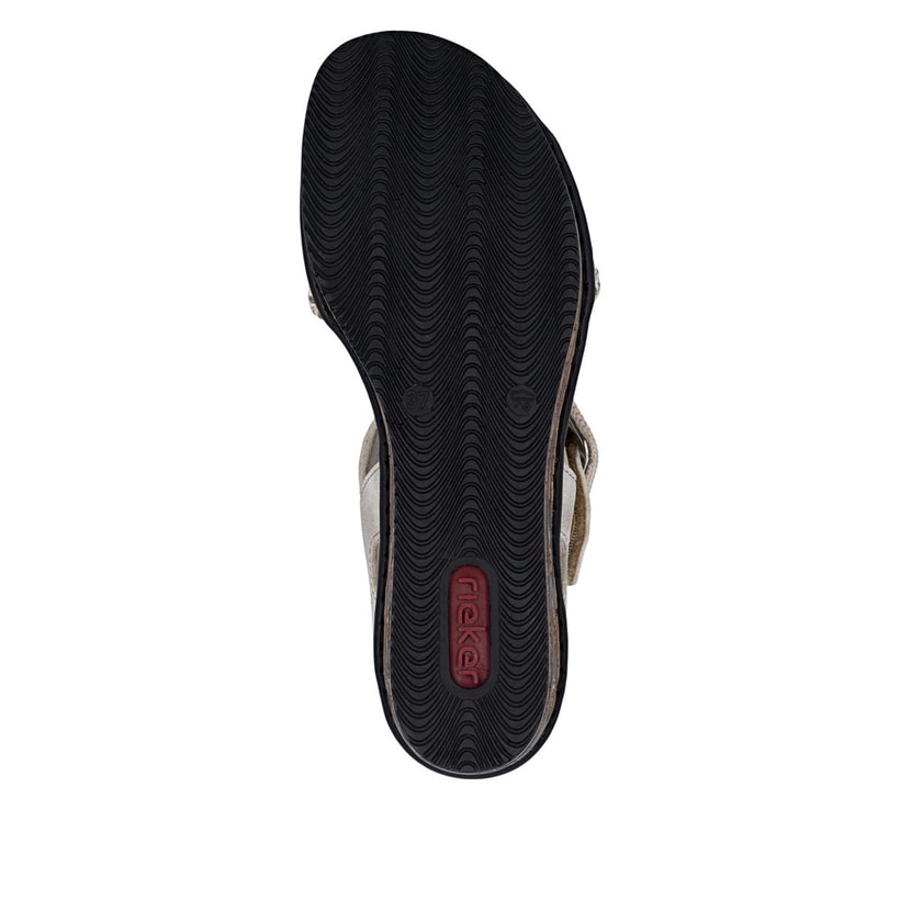 Beige Rieker Keilsandaletten 68172-60 mit trendiger Schnalle. Schuh Laufsohle.