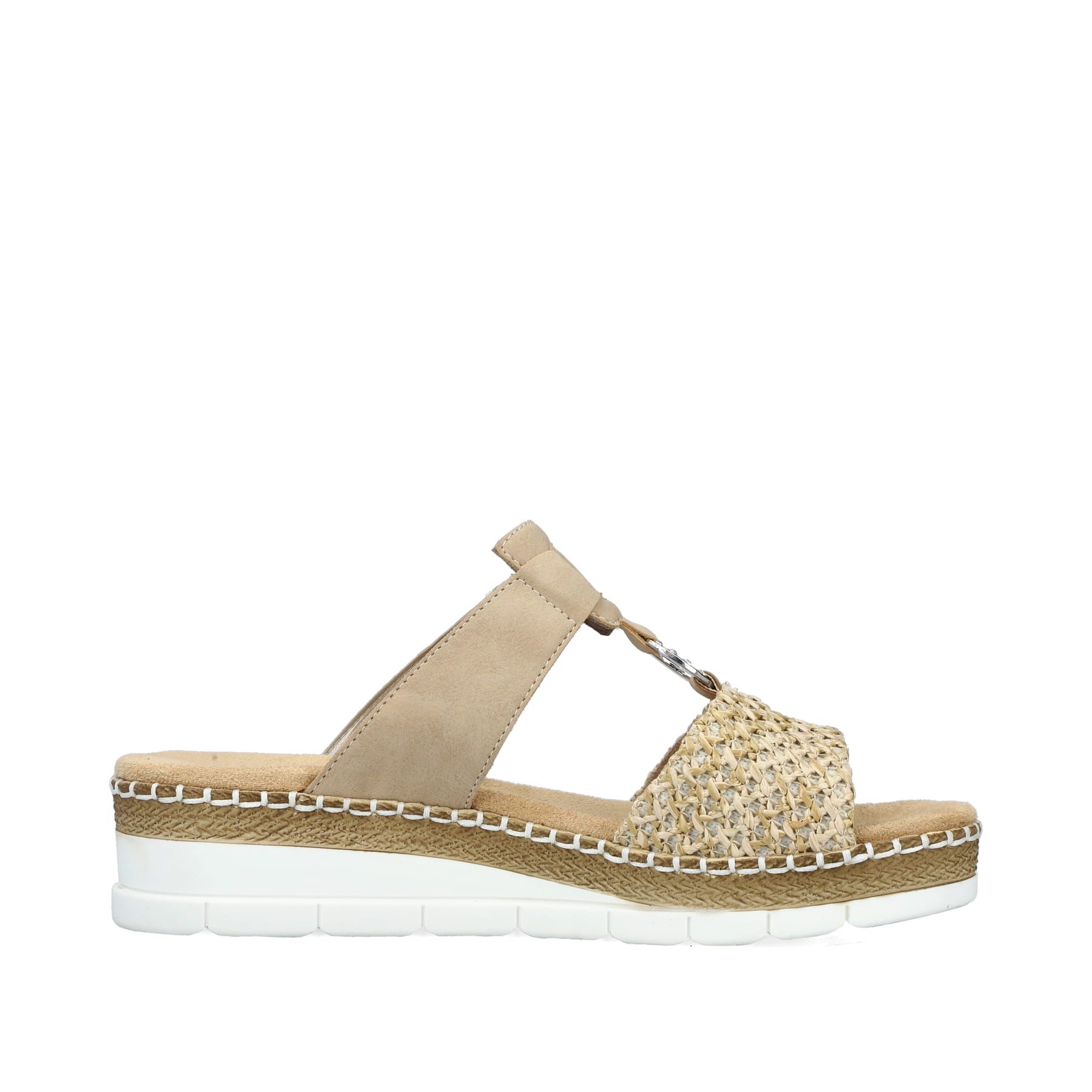 Beige Rieker Damen Pantoletten V1243-60 mit einem Klettverschluss. Schuh Innenseite.
