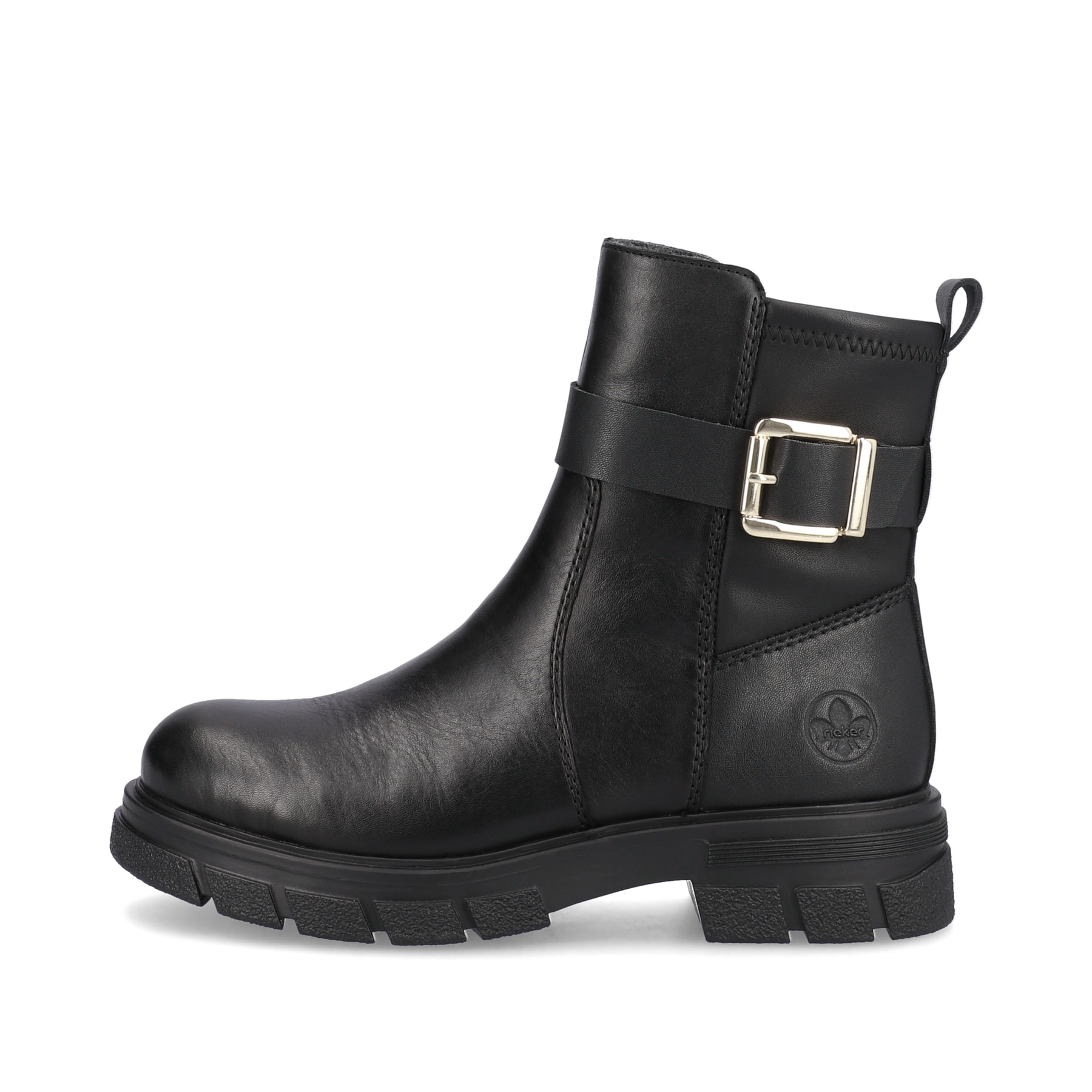 Schwarze Rieker Damen Kurzstiefel Z9174-00 mit Zierschnalle sowie Reißverschluss. Schuh Außenseite.