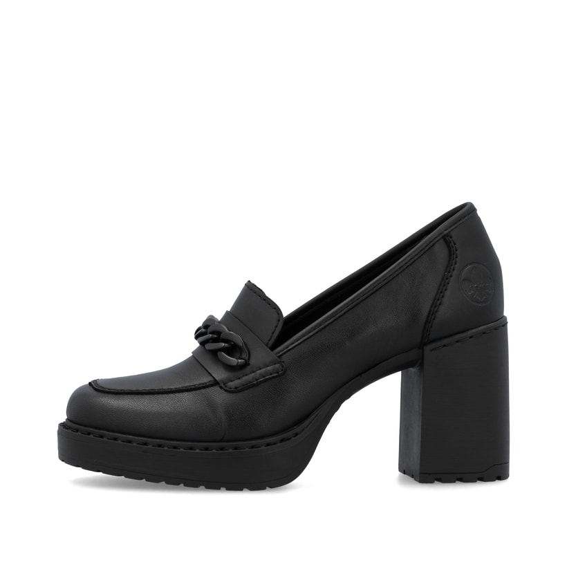 Schwarze Rieker Pumps Y4150-01 mit Deko-Kette sowie der Komfortweite G. Schuh Außenseite.