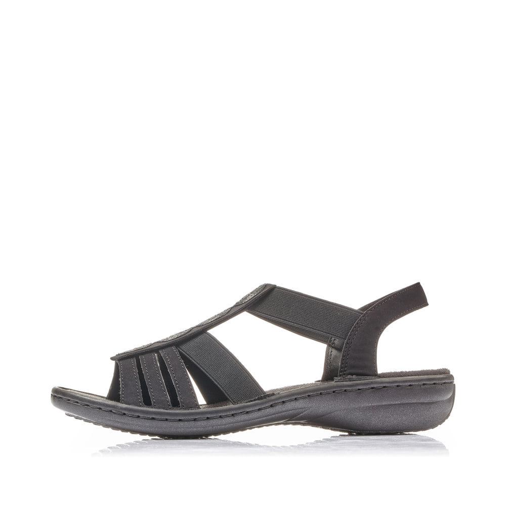 Sandales à lanières Rieker noires femme 60870-00 avec bande élastique. Côté extérieur de la chaussure.