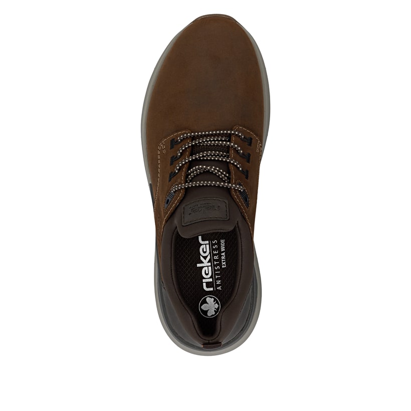 Mocassins Rieker marron homme 06050-22 en cuir suédé avec bande élastique. Semelle extérieure de la chaussure.