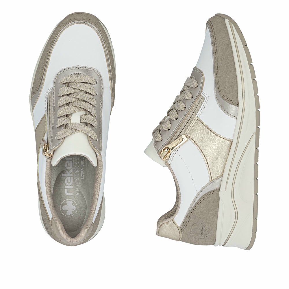 Chaussures à lacets Rieker blanches femme N9504-80 avec fermeture éclair. Chaussure vue de dessus, couchée.