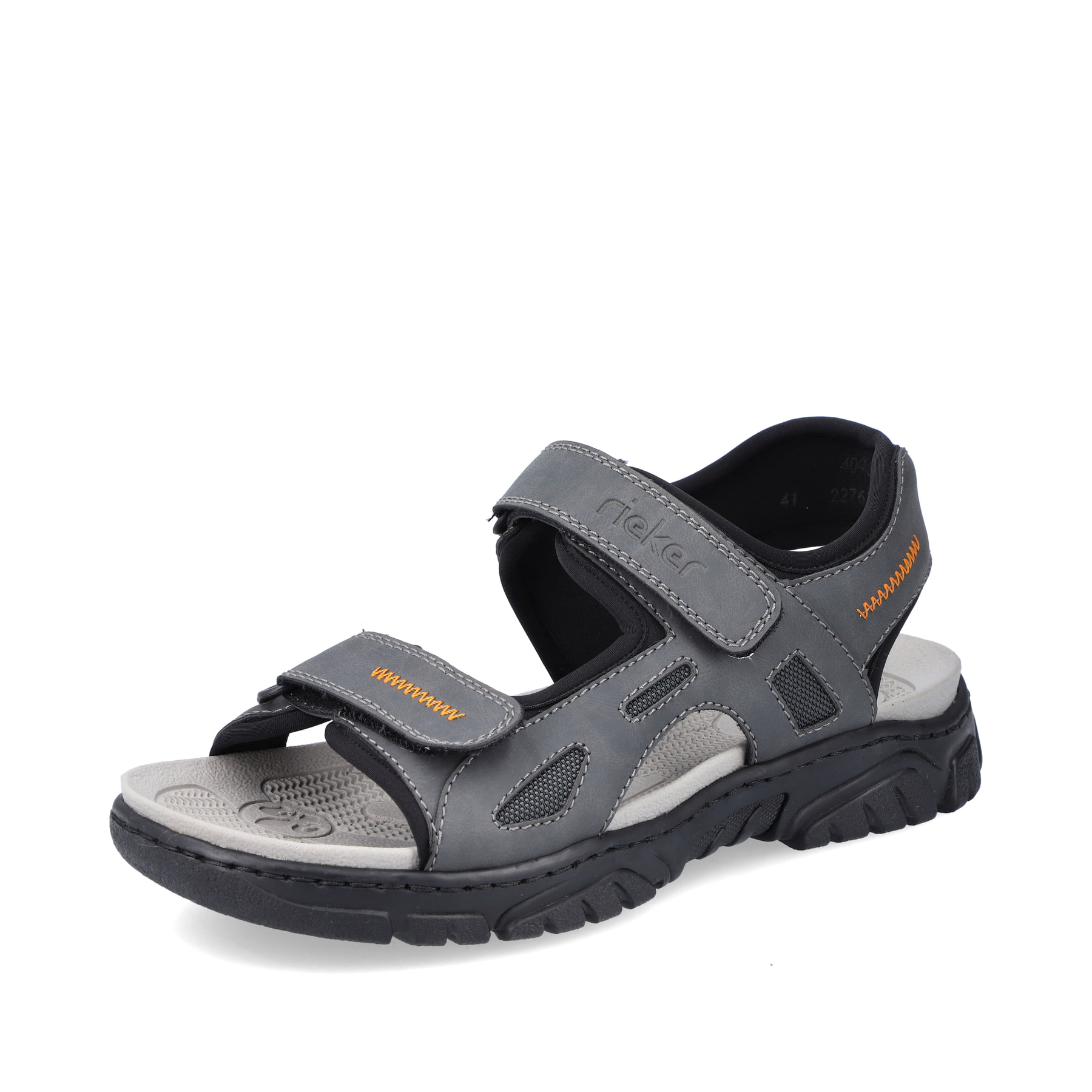 Graue Rieker Herren Trekkingsandalen 22761-45 mit einem Klettverschluss. Schuh seitlich schräg.