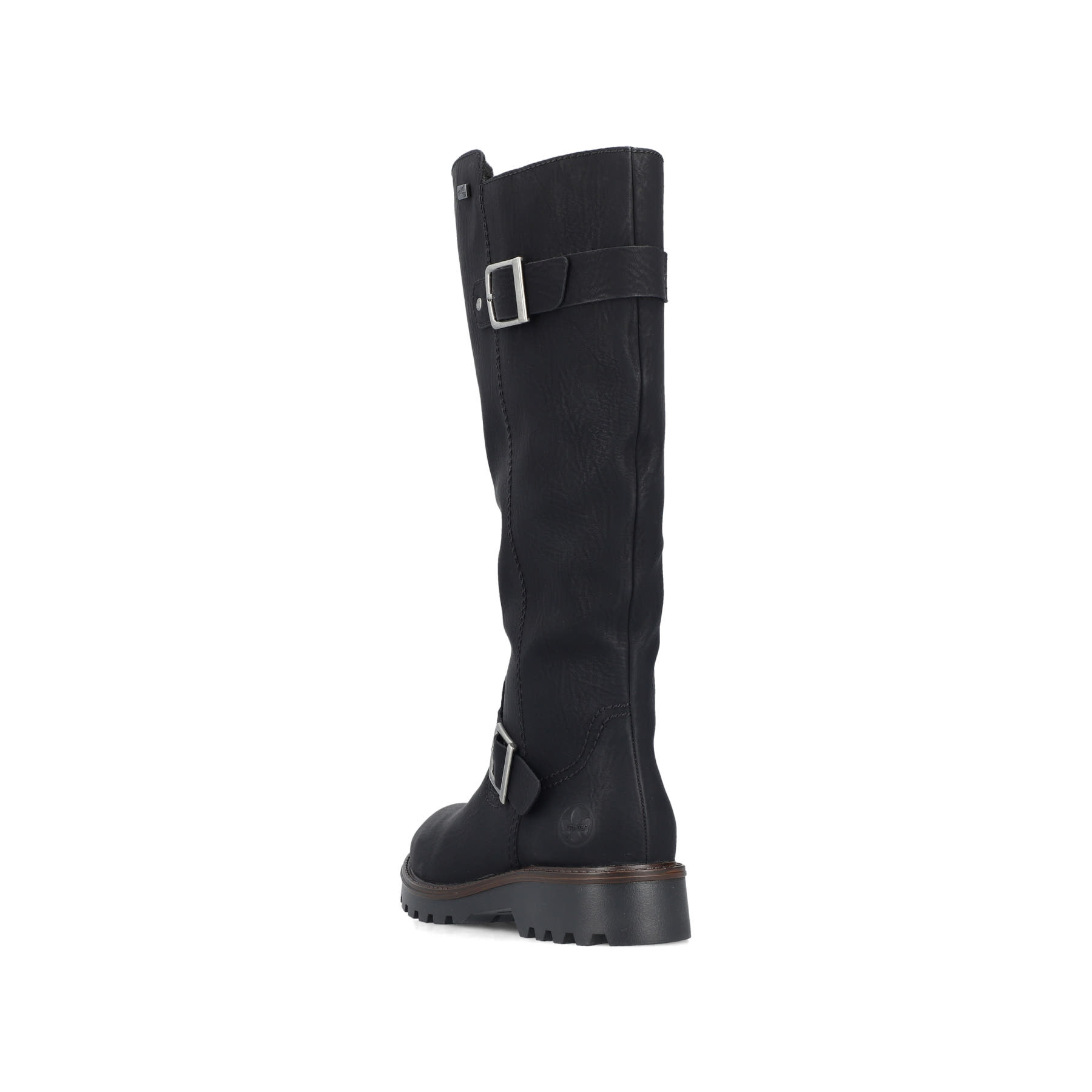 Schwarze Rieker Damen Hochschaftstiefel 73292-00 mit einem Reißverschluss. Schuh von hinten.