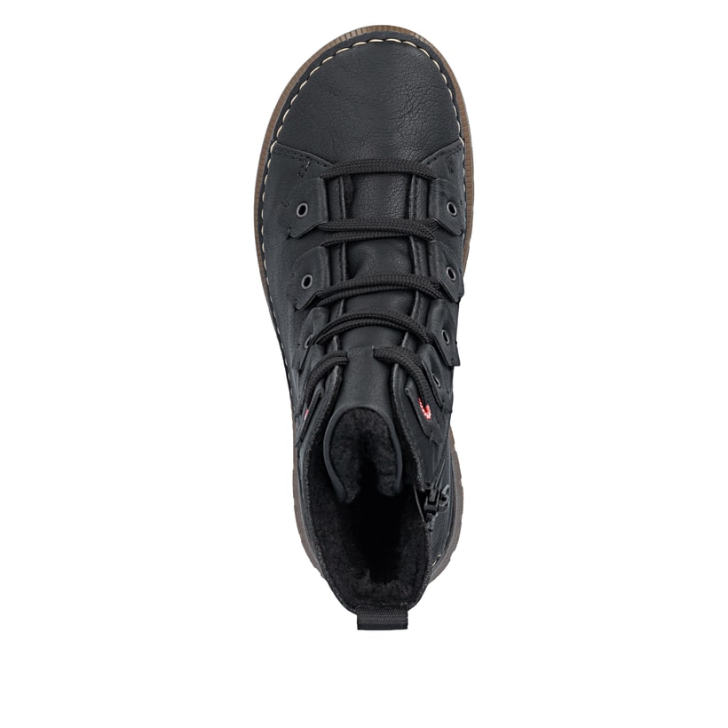 Schwarze Rieker Damen Schnürstiefel 53602-00 mit einem Reißverschluss. Schuh von oben.