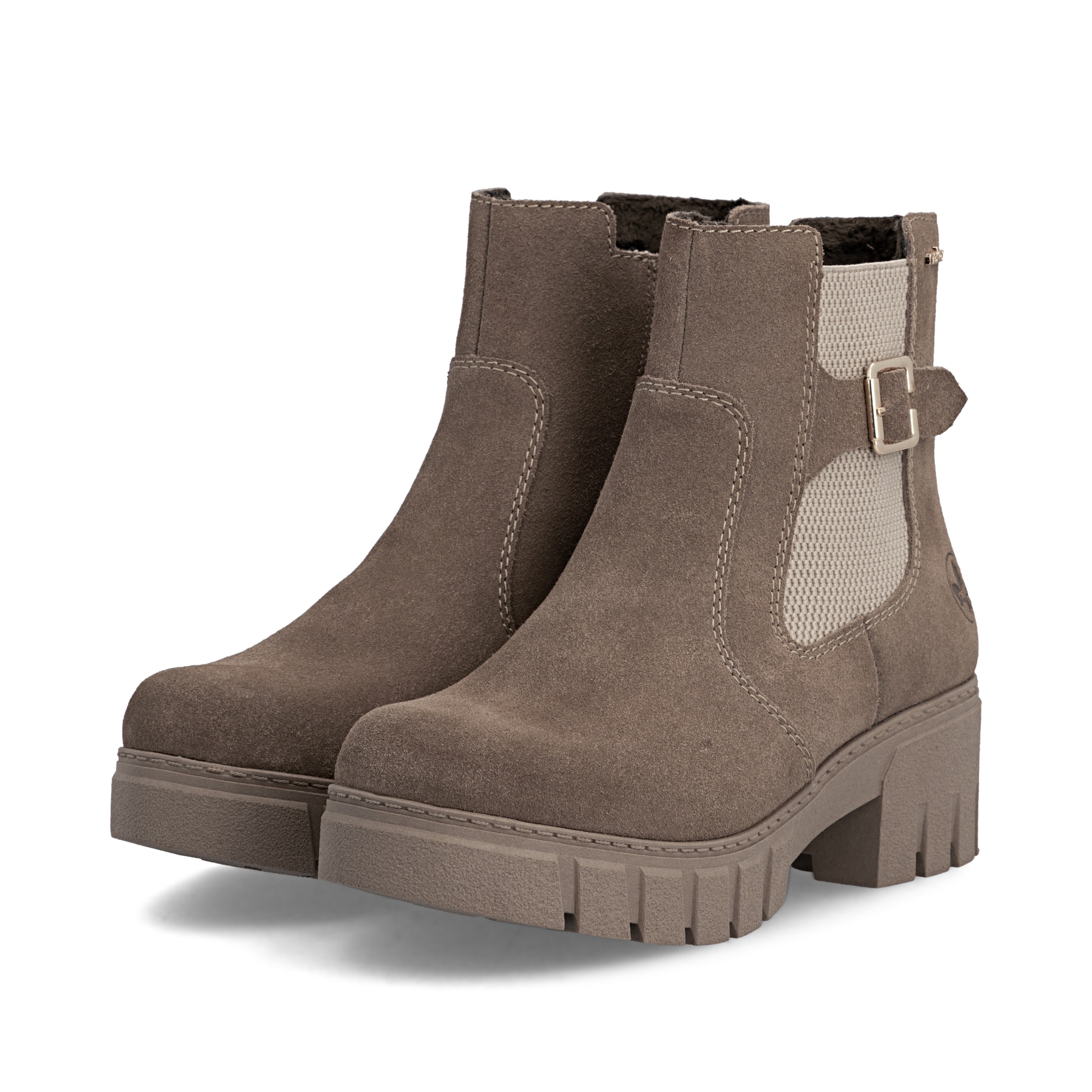 Beige Rieker Damen Chelsea Boots 74560-64 aus Rauleder mit einem Reißverschluss. Schuhpaar seitlich schräg.