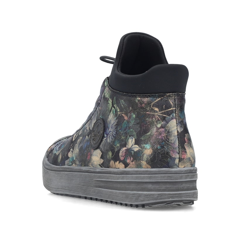 Graue Rieker Damen Kurzstiefel L2550-90 mit floralem Aufdruck. Schuh von hinten.