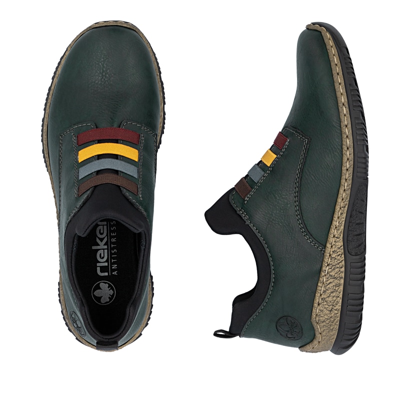 Dunkelgrüne Rieker Damen Kurzstiefel N32G7-54 mit einem Gummizug. Schuh von oben, liegend.