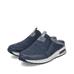 Blaue Rieker Herren Clogs B1091-14 mit Rieker Air Sohlenfenster sowie Gummizug. Schuhpaar seitlich schräg.