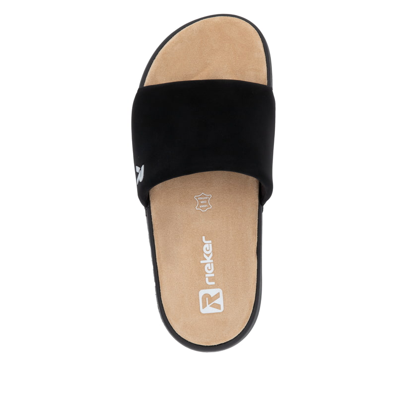 Schwarze Rieker Damen Pantoletten W3250-00 mit flexibler und ultraleichter Sohle. Schuh von oben.