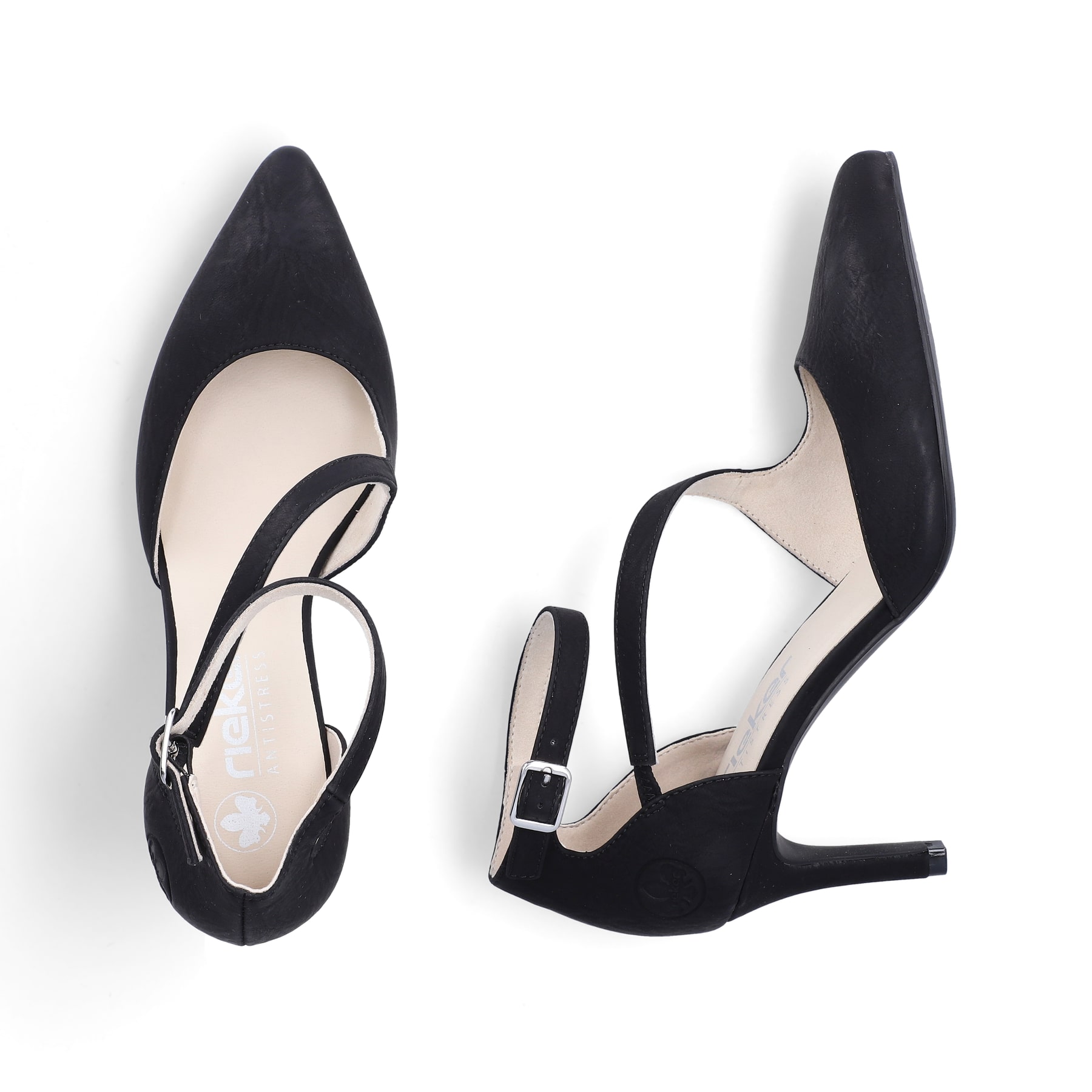 Schwarze Rieker Pumps 41153-00 mit einer griffigen Sohle. Schuh von oben, liegend.