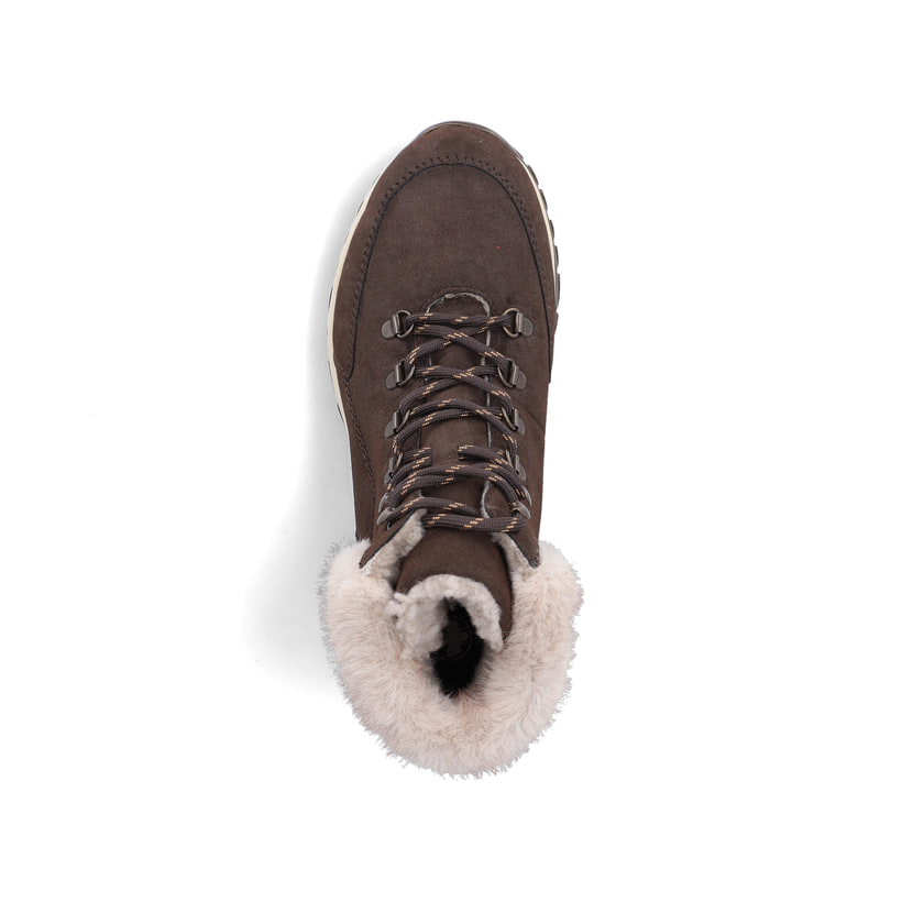 Dunkelbraun-beige Rieker Damen Schnürstiefel M9610-25 mit weichem Kragen. Schuh von oben.