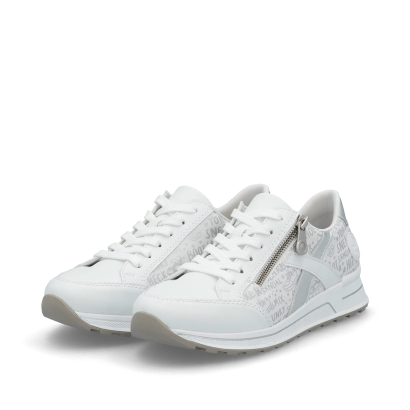 Baskets basses Rieker blanches pour femme N1403-80 avec fermeture éclair. Chaussures inclinées sur le côté.