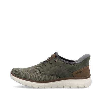 Grüne Rieker Herren Slipper B6658-52 mit Ready2GO Slip-in Feature sowie Gummizug. Schuh Außenseite.