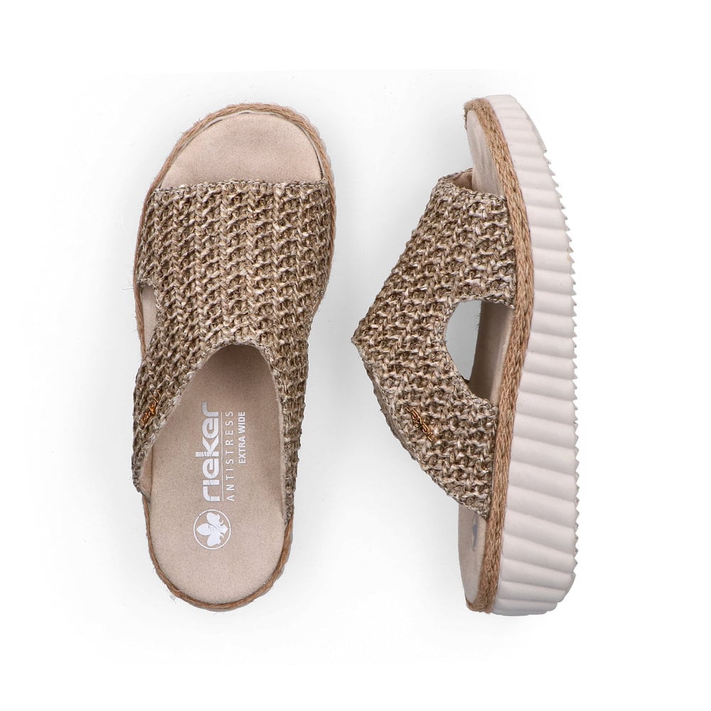 Beige vegane Rieker Damen Pantoletten 69280-60 mit der Extraweite H. Schuh von oben, liegend.