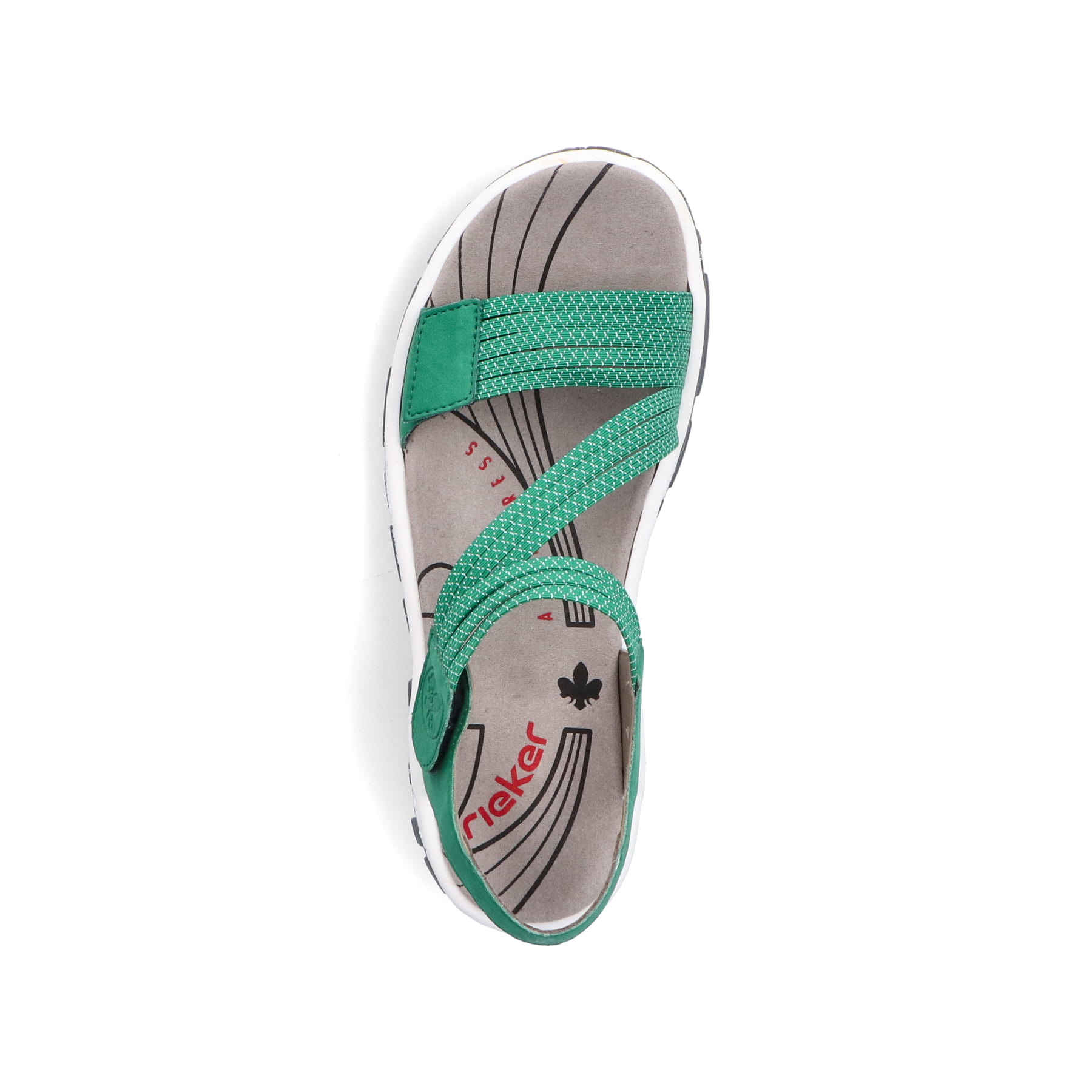Grüne Rieker Damen Trekkingsandalen 68871-52 mit einem Klettverschluss. Schuh von oben.
