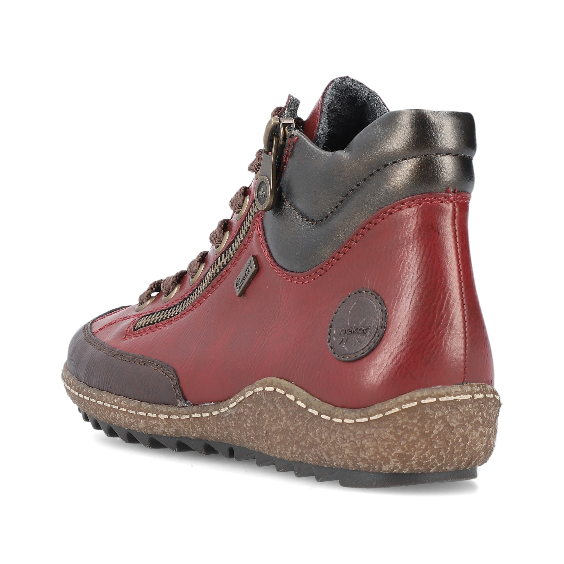 Rote Rieker Damen Kurzstiefel L7500-35 mit wasserabweisender RiekerTEX-Membran. Schuh von hinten.