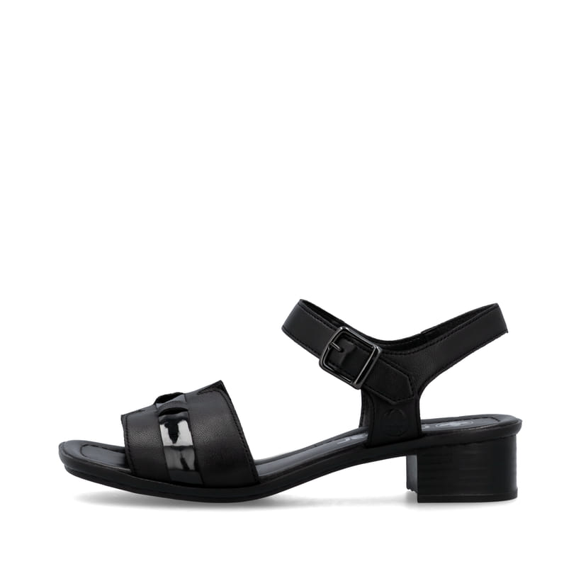 Schwarze Rieker Riemchensandaletten 62685-00 mit trendigen Schnalle. Schuh Außenseite.